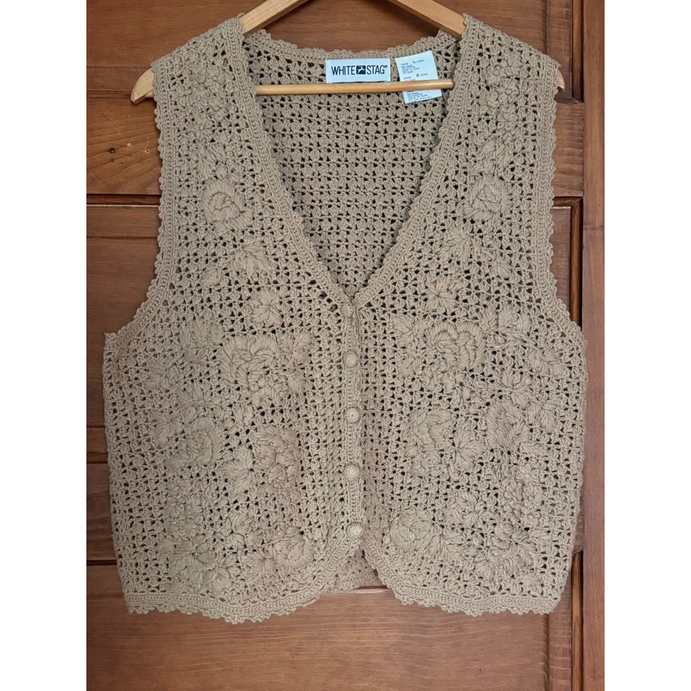 White Stag Tan Beige Crochet Floral Vest Boho Y2K Festival Cotton Blend Large
